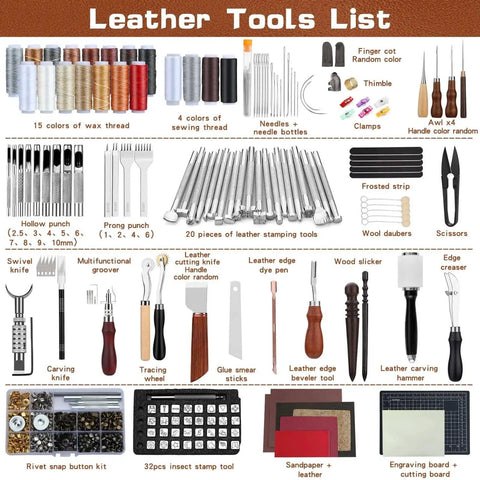 All In One Leather Tooling Kit With Cutting And Engraving Mats For Leatherworking Pro Grade Tools For Handbag Making Including Punching Stamping Sewing Sanding And Craft Supplies For Handicraft Projects, including threads, needles, and tools.