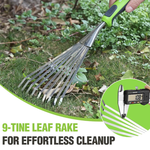 Handy 16 Inch Compact Stainless Steel Hand Rake With Soft Grip Handle in use on garden soil for spreading mulch.