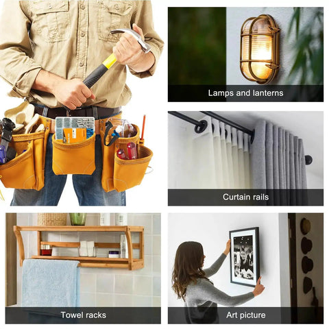 Montage of various home improvement projects using 270 Piece Wall Anchors Kit For Drywall And Concrete Includes Five Essential Sizes With 27 Sets Each Plastic Anchors And Phillips Wood Screws For Picture Hangers Frames Canvases And DIY Home Improvement Projects.