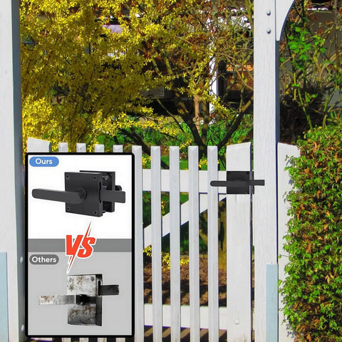 Rugged Matte Black Gate Latch With Double Sided Self-Locking Aluminum Gate Hardware affixed on white outdoor gate, showing rust resistance.