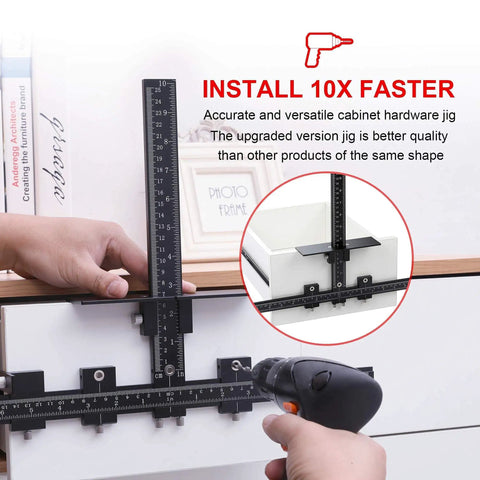 Pro Grade Cabinet Hardware Jig With Adjustable Template For Handles And Drawer Knobs Easy Install For Doors And Drawers Aluminum Alloy Precision Jig With CNC Tolerance Of 0.0002 Inch And 0.001 Inch Square Alignment being used to drill holes in a drawer