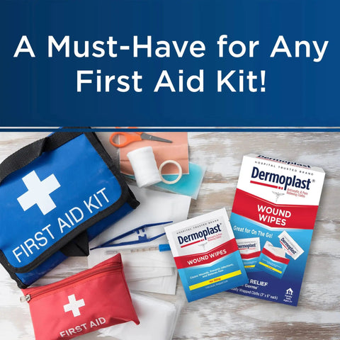 On The Go Medicated Wound Wipes With Sting Free Formula For Minor Cuts Scrapes And Burns Dermoplast Medicated Antiseptic Wipes Individually Wrapped First Aid Cloths For The Whole Family Safe For Kids Ages Two And Up 10 Count displayed with first aid kits.