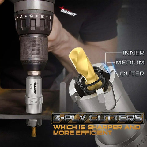 Close-up of a drill with the Beefy Heavy Duty 19-Piece TCT Hole Saw Kit For Metal Stainless Steel Iron Wood Plastic, showing 3-ply cutter.