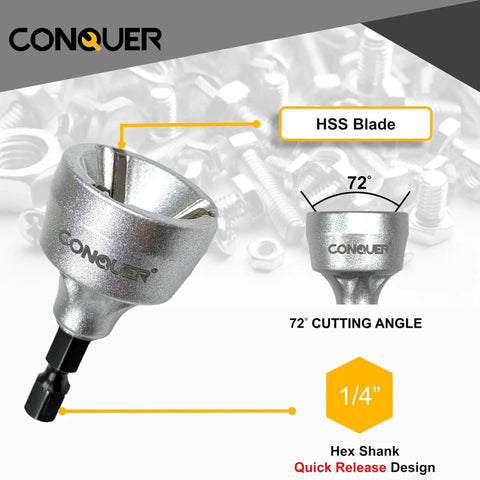 HSS Deburring External Chamfer Tool For Metal And PVC With Quick Release One Quarter Inch Hex Shank Deburring And Chamfering Bit For Stainless Steel Copper Aluminum And PVC Pipe One Eighth To Three Quarters Inch Range Three To Nineteen Millimeters CONQUER with HSS blade and hex shank, 72-degree cutting angle