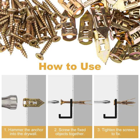 60 Pcs Self Drilling Anchors And Screws Kit For Heavy Duty Wall Mounting No Drill Required with usage instructions displayed