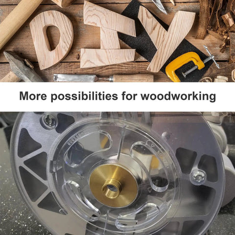 Precision Brass Router Template Bushing Guide Set, 11 Pcs With 1/4 Inch Shank Woodworking Router on table with DIY tools