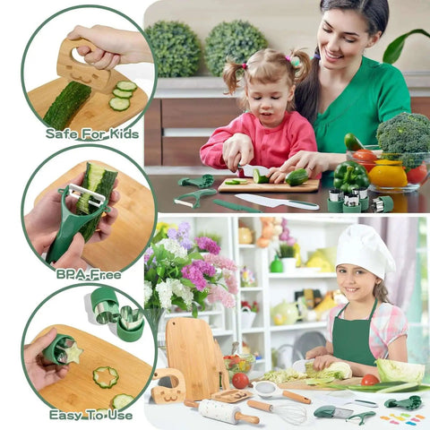 20 Piece Kids Safe Knife Set For Real Cooking, Montessori Kitchen Tools For Toddlers, Cooking And Baking Kit For Little Chefs, Kid Kitchen Knife And Crinkle Cutter, Kid Apron For Girls And Boys displayed in use by children and adults.