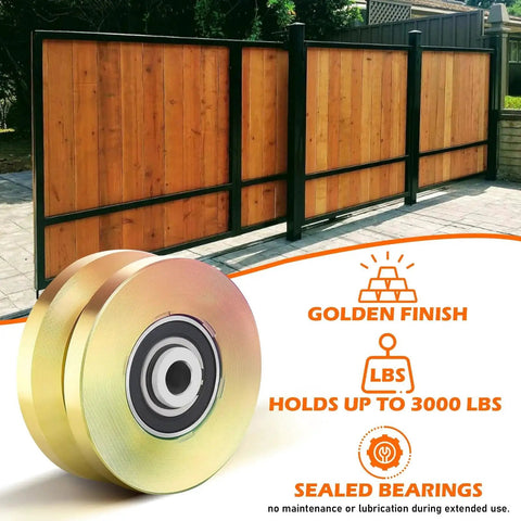 Beefy 4 Inch V Groove Gate Wheel Set For Sliding Doors With Solid V Track, Double Bearings And 3000 Lbs Capacity on display