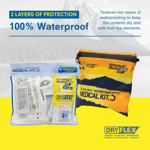 Ultralight Watertight First Aid Kit for up to 2 people, 2-day waterproof medical kit with bandages and blister essentials for outdoor adventures.