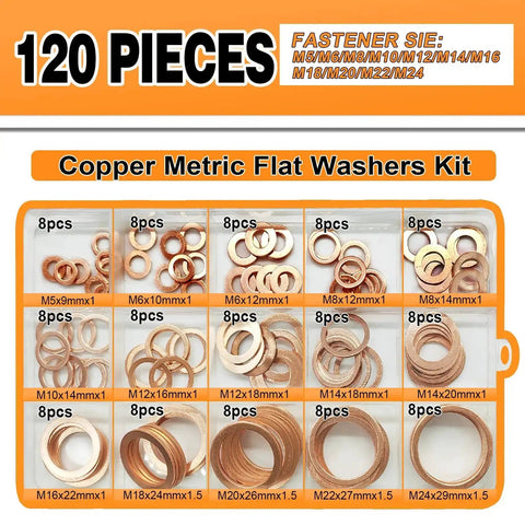 Crush Flat Copper Washers Set With 120 Pieces In 15 Metric Sizes M5 to M24 in labeled case for oil plugs and plumbing