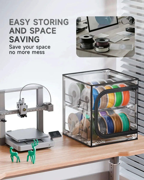 Maker Friendly Two Tier 3D Printer Filament Storage Rack With Transparent Cover holding spools on desk near 3D printer