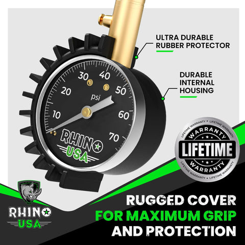 Rhino USA heavy-duty tire pressure gauge, angled view with 2-inch glow dial, brass stem, rubber protector, 0–75 psi.