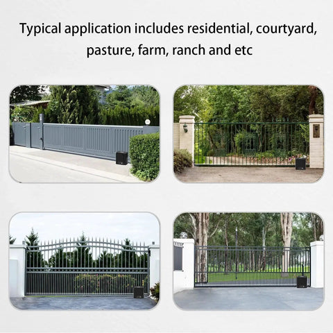 Automatic Sliding Gate Opener Kit installed on various driveway security gates in residential and rural settings.