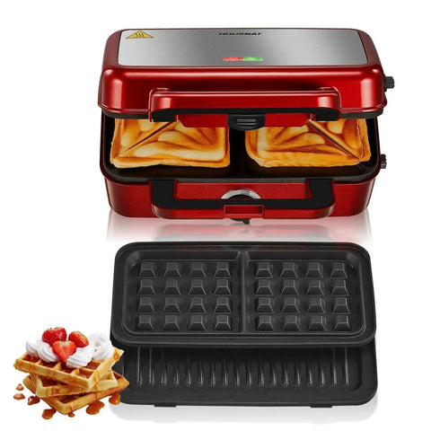 3-In-1 Sandwich And Waffle Maker With Removable Nonstick Plates, 1200W Panini Press, interchangeable plates, red appliance