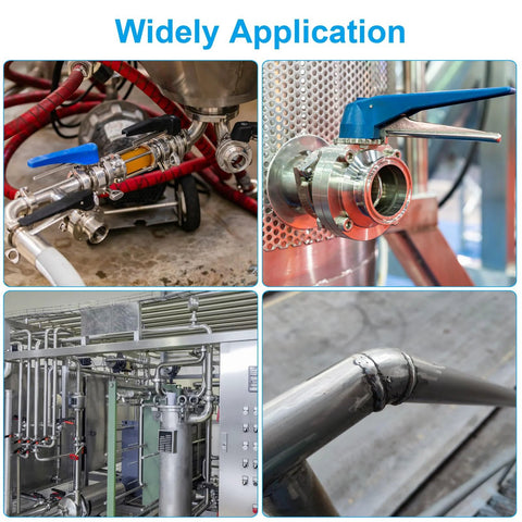 Industrial stainless steel piping system with 90-degree elbow fittings, valves, and clamps in an HVAC welding environment