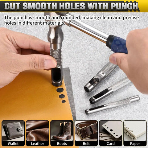 Hands using a chrome vanadium steel punch tool to cut smooth holes in leather for DIY projects