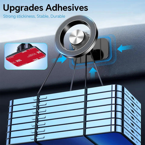 MagSafe Car Mount With 20 Strong Magnets For iPhone 14 15 16 17 Dashboard Holder shown with adhesive backing and multiple iPhones.