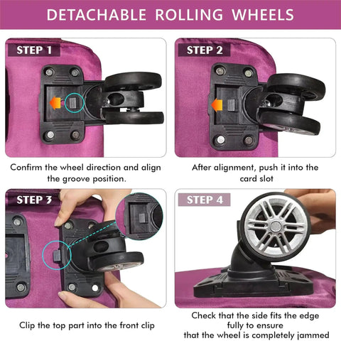 Step-by-step guide for attaching detachable rolling wheels to Expandable Foldable Duffel Bag With Detachable Rolling Wheels Converts From Wheeled Luggage To Carry On Tote For Travel Gym Camping Shopping And Business Trips Ultra Large Capacity Purple Versatile Travel Gear For Weekend Getaways And On The Go