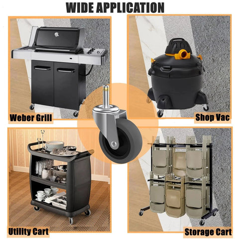 Image of Three Inch Swivel Stem Caster Set Of Four For Rubbermaid Mop Buckets And Utility Carts With Seven Sixteenth Inch Stem Diameter Heavy Duty TPR Wheels 150 Lb Per Caster 600 Lb Per Set Replacement Wheels For Shop Vac And Weber Grills showing applications on a grill, shop vac, utility cart, and storage cart