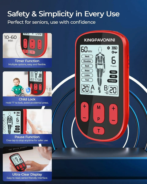 KingPavonini red handheld TENS unit with large display showing body diagram and red control buttons