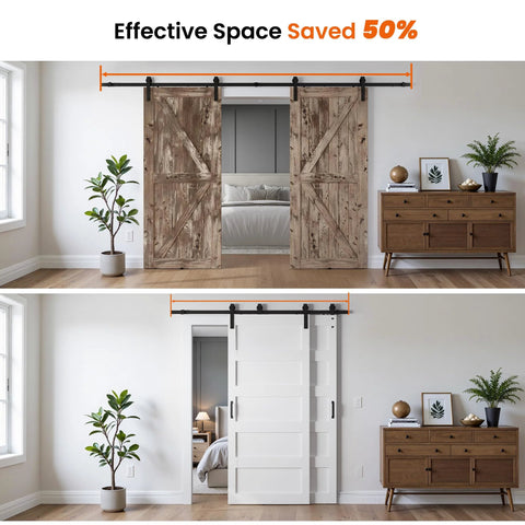 White 48 By 96 Inch Double Barn Door Set With 5 Panel MDF Sliding Doors And Six Foot Bypass Hardware Kit, Space Saving Design, No Hassle Setup With Pre Drilled Holes