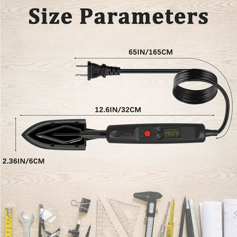 Edge Banding Iron With LCD Display For Furniture Edges And Models, Adjustable Temperature 212-428F, size parameters displayed.