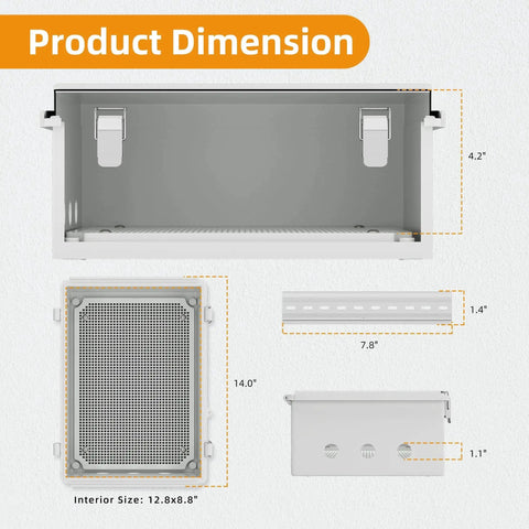 Dimensions of the Outdoor Waterproof Junction Box 14 By 10 By 6 Inch NEMA 4 Weatherproof ABS Plastic Enclosure.
