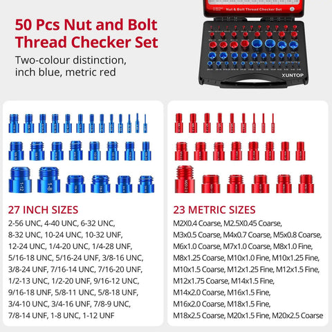 Detachable 50 Piece Thread Checker Set For Imperial And Metric Nuts And Bolts Aluminum Gauge Box With Color Coded Blue And Red showing 50 gauges arranged.
