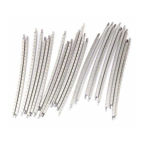 2.0mm Stainless Steel Fret Wire Set For Banjo And Vintage Fender Guitars 24 Piece Small Gauge Crown Width 2.0mm Fits Frets 24 22 21 20 Pre Radius Pro Grade Luthier Quality laid out on a white background.