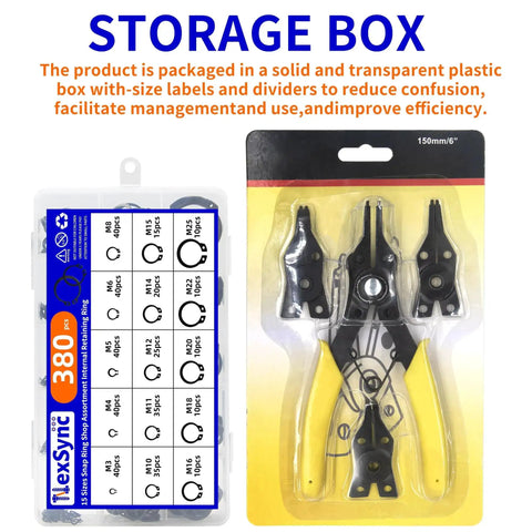 Packaging of 4 In 1 Snap Ring Pliers Set With 380 Pcs Retaining Ring Kit, labeled storage box for internal and external circlips.