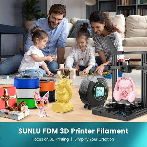 Family with a 3D printer and PLA filament spools, showcasing prints in progress, focus on 3D printing and creativity.