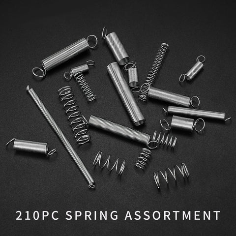 Top-view of 210-piece spring assortment: zinc-plated steel compression and extension springs in 20 sizes