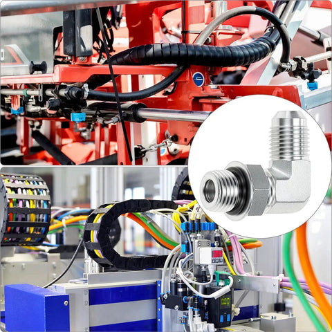 90 Degree Elbow Hydraulic Hose Fittings Set Ten Pieces Three Eighths Inch JIC Thirty Seven Degree Male End To Six SAE ORB Male Corner Elbow Adapters Carbon Steel Hydraulic End Connectors Built Tough For Flexible Leak Free Installations displayed in industrial machine setup