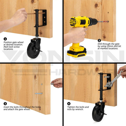 Installation process of Heavy Duty Spring Loaded Gate Caster With 4 Inch Wheels, 360 Swivel Drag Wheels For Wooden Gates