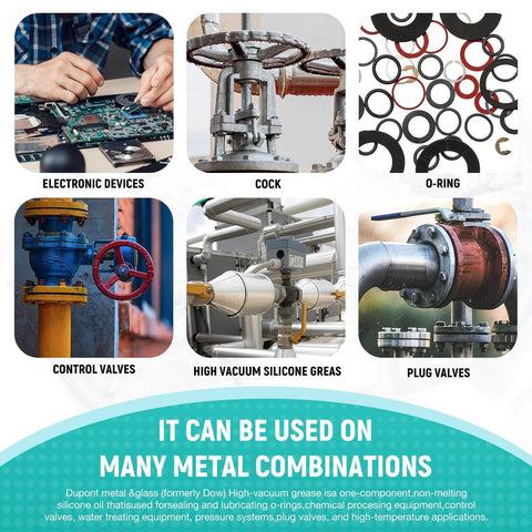 Collage showing electronic devices, cock valve, O-ring, control valves, high vacuum silicone grease, and plug valves for various uses.