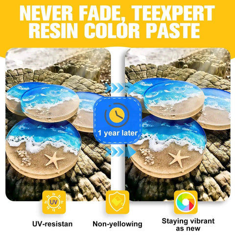 Vibrant Six Color Epoxy Resin Pigment Paste Set For Consistent Batch Coloring 10.15 Oz 300 Ml Total Highly Concentrated And Easy To Mix Opaque Dyes For Resin Art Painting And DIY Projects Teexpert showing UV-resistant, non-yellowing properties in ocean-themed resin art over one year.