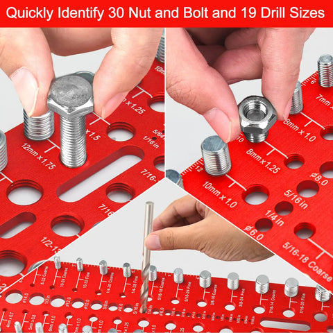Nut And Bolt Thread Checker Kit With 49 Pieces 15 Metric And 15 Standard Sizes 19 Drill Gauges Wall Mountable showing close-up use for identifying sizes.
