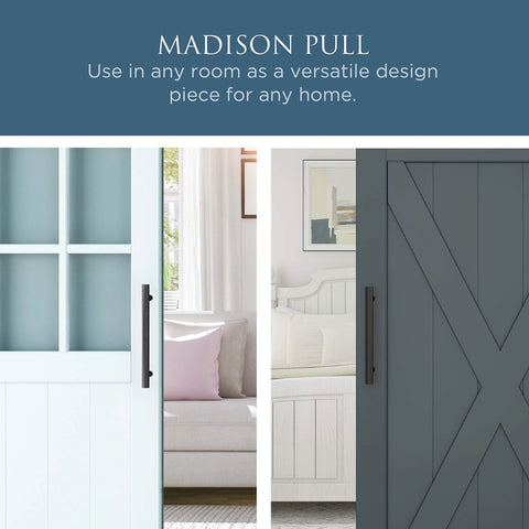Madison Barn Door Pull Handle Matte Black 12 Inch for Wood Interior Doors installed on sliding barn doors