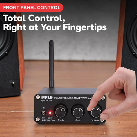 240W Mini Bluetooth Home Stereo Amplifier With 2 Channel Output, front view, hand adjusting bass control, ideal for passive speakers at home, garage or desktop