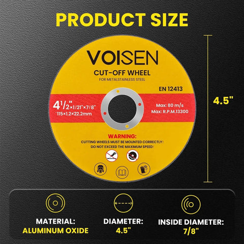 Seventy Piece Set Four And One Half Inch Cut Off Wheel For Metal And Stainless Steel Thin Discs For Fast Cutting And Grind Ready On Angle Grinders, Four Point Five Inch Diameter, Seven Eighth Inch Arbor, Up To Thirteen Thousand Three Hundred RPM, VOISEN displayed showing product size and specifications.