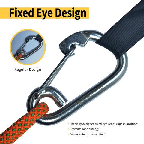 Heavy Duty Marine Grade Snap Hooks 2 Pack With Eye 316 Stainless Steel Carabiners for boat yacht sailing three eighths inch 2200 LBS working load per hook by RiaYer showing fixed eye design with rope.