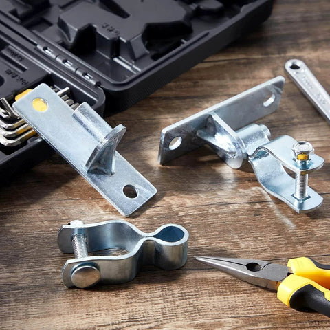 4 Pcs Heavy Duty Wall Mount Gate Hinges For Pipe Gates And Chain Link Fences on wooden surface, includes tools