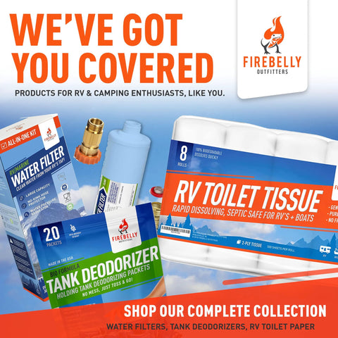 Firebelly Outfitters RV water filter inline kit with regulator, blue housing; includes toilet tissue