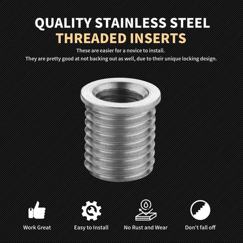 M6x1.0 Thread Repair Kit With 9.4mm Stainless Inserts Drill Tap Driver metal insert close-up on black background