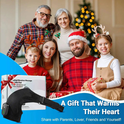 Family celebrating holidays with Cordless Shoulder Heating Pad With Massager, gift box, and warm home environment