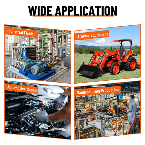 Racewill hydraulic hose collage of wide applications: industrial fluids equipment, red tractor, auto repair.