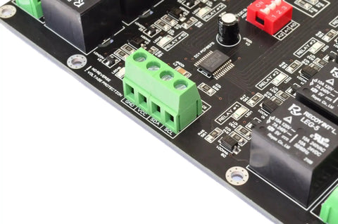 Close-up of 16 Channel I2C Relay Board With PCF8575 Expander for Arduino Raspberry Pi ESP32, highlighting relays and connections.