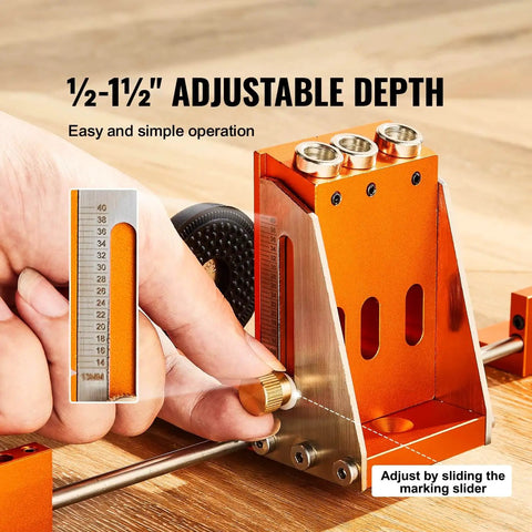 Close-up of a 34 Piece Pocket Hole Jig Kit With Toolbox Adjustable Versatile Pocket Hole Jig Set featuring adjustable depth settings.