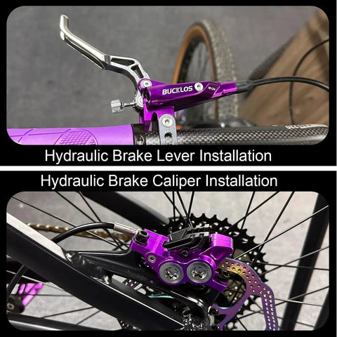 Bucklos MTB hydraulic brake lever and caliper set, purple aluminum lever, 4-piston front/rear disc brakes.
