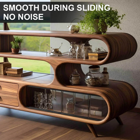 Contemporary wooden shelving unit with glass doors, displaying plants and kitchenware in a living room setting.